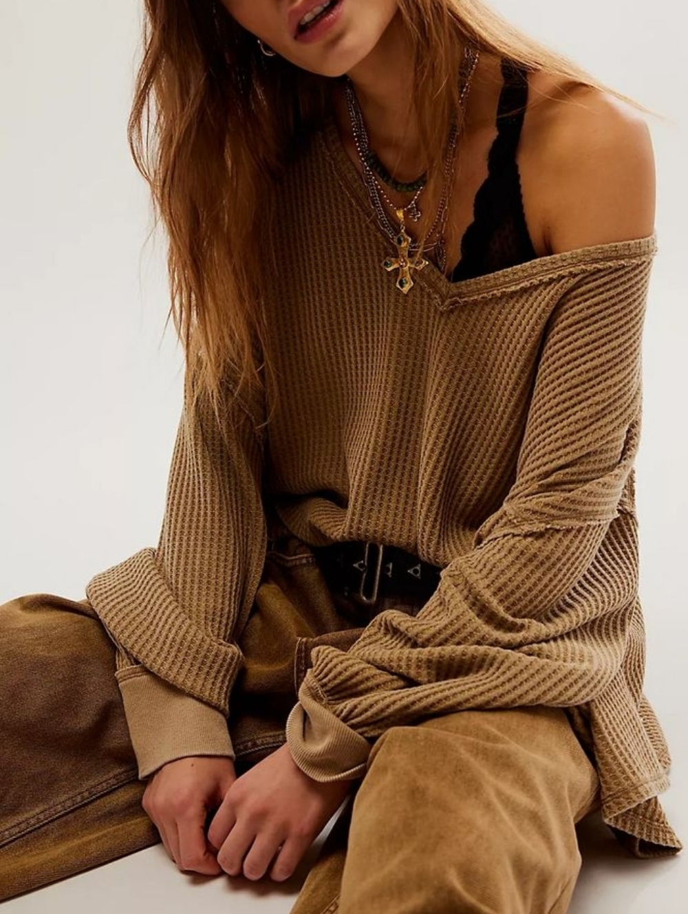 Free People Coraline Brown V Neck Waffle Knit Oversized Thermal Long Sleeve Top